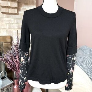 VERONICA BEARD Merino Wool Silk Mixed Media Sweater - Black with Floral Print